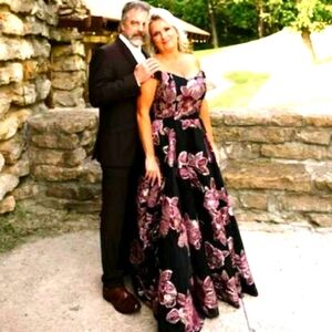 Jovani Black Off the Shoulder Sequin Floral Dress Mother of Bride Flare Luxury